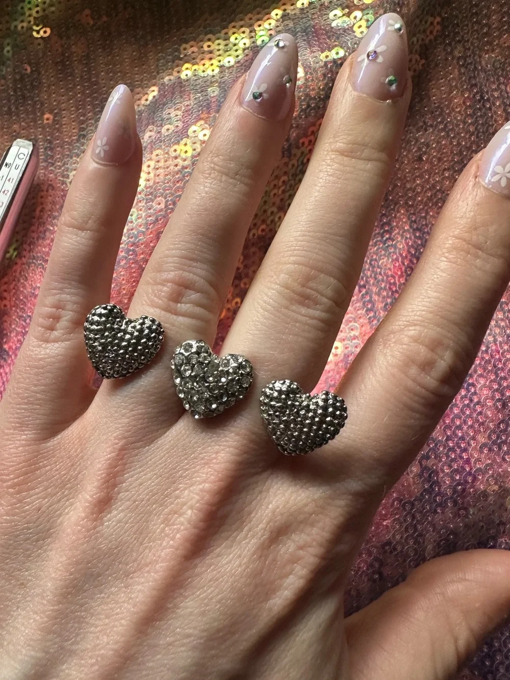 UO • Double Knuckle Silver Tone Floating Rhinestone Heart Ring